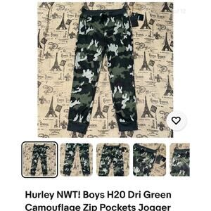 Hurley NWT! Boys H20 Dri Green Camouflage Zip Pockets Jogger Pants Size L